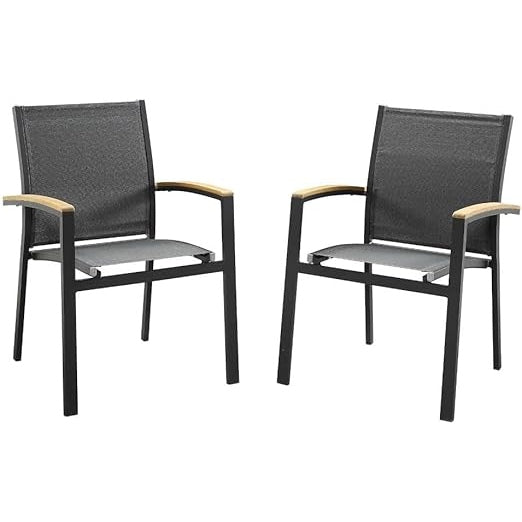 Fauteuil de jardin empilable en aluminium et textilène - Anthracite et accoudoirs acacia - TAIPIVAI de MYLIA