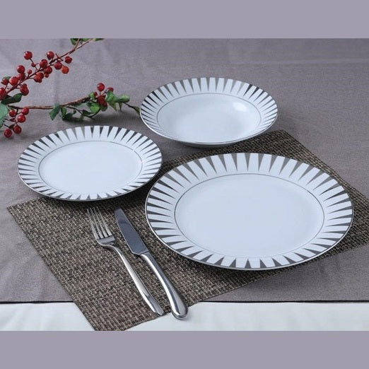 Service vaisselle 18 pièces en porcelaine - Blanc et argenté - DYNAO