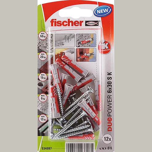 12 chevilles et vis à expansion FISCHER, Ø6 x L.30.0 mm