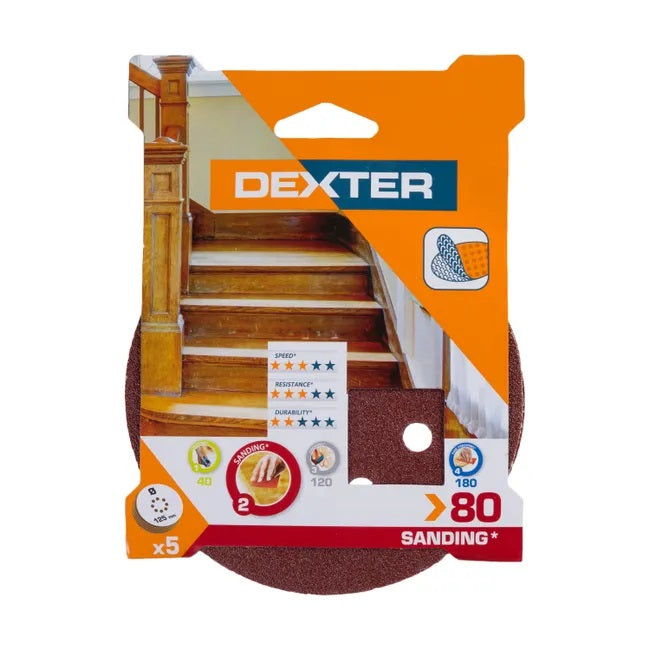 Lot de 5 disques abrasifs, DEXTER, l.125.0 x L.125.0 mm grain 80