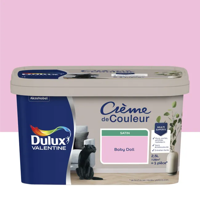Peinture mur, boiserie baby doll satin DULUX VALENTINE Crème de couleur 2.5l