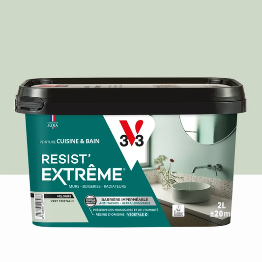 Peinture mur vert cristalin velours V33 Resist extrême cuisine et bain 2l