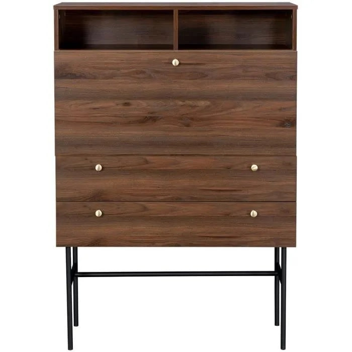 Bureau secrétaire 1 porte battante 2 tiroirs - LODGE - Décor noyer et pieds métal