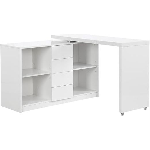 Bureau extensible avec plateau pivotant 360° - MDF - Blanc laqué - PAVELO