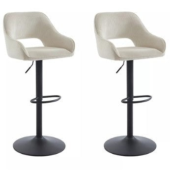 Lot de 2 tabourets de bar en velours côtelé et métal noir - Crème - ZINEA