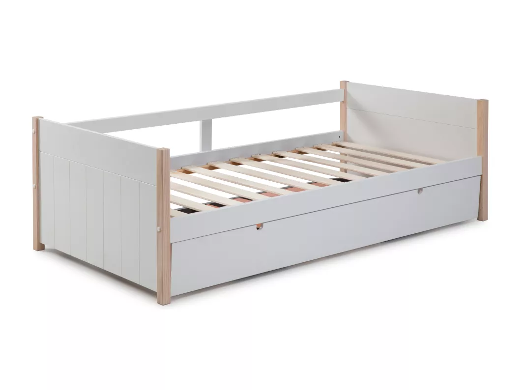 Lit gigogne 2 x 90 x 190 cm - Blanc et naturel - MAREKI