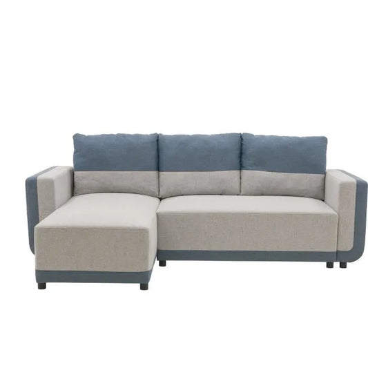 Canapé d’angle convertible réversible ELROY 3-4 places – Tissu gris et bleu – L231 x H85 x P154 cm