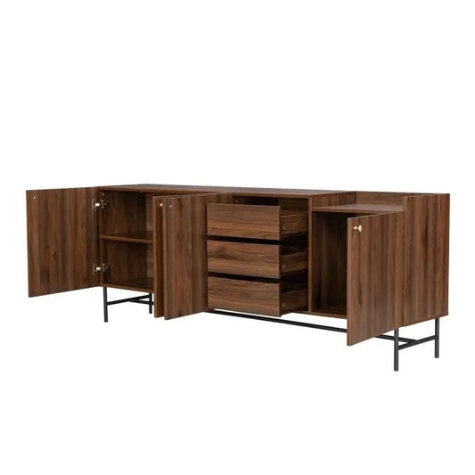 Grand buffet - Décor Noyer et Pieds en métal - 4 portes 3 tiroirs - LODGE - L 195 x P 39,5 x H 75 cm