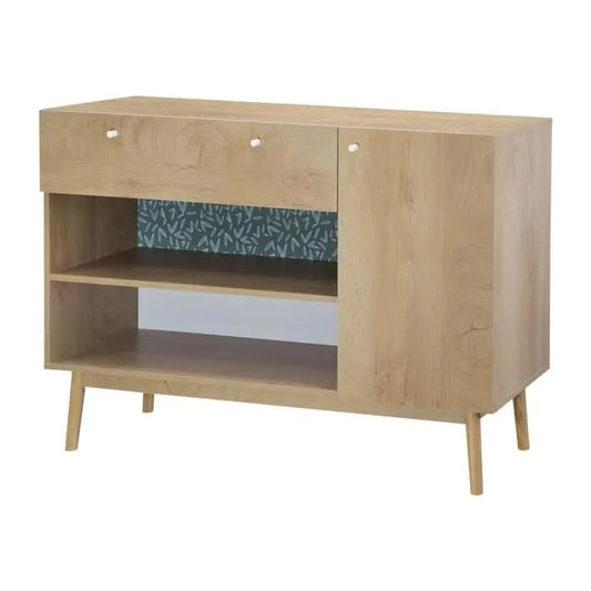 Buffet 1 portes 1 tiroir - Décor chêne et vert - Pieds en bois massif - L 123 x P 40 xH 85 cm - GARDENIA