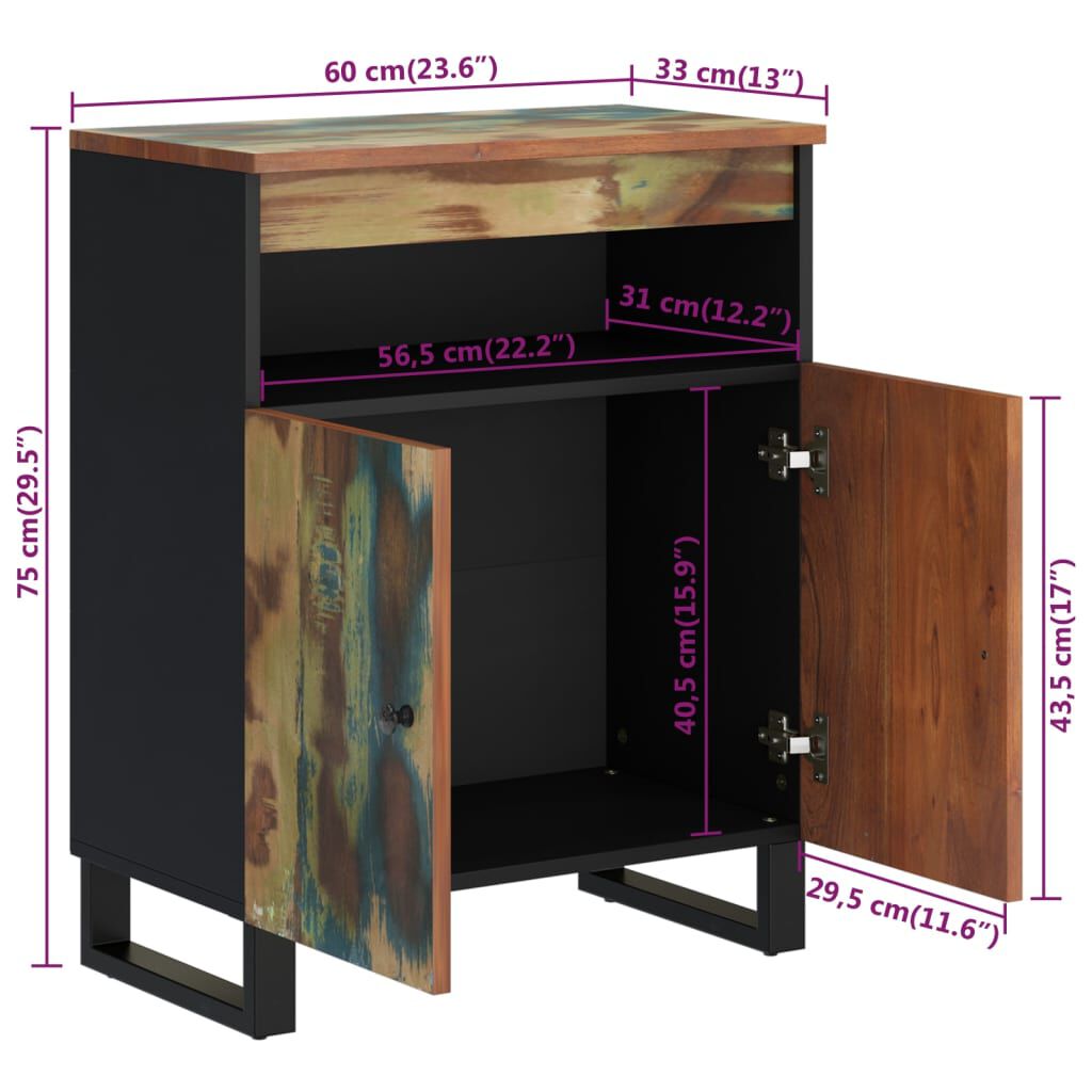 vidaXL Buffet avec 2 portes 60x33x75 cm bois massif de récupération