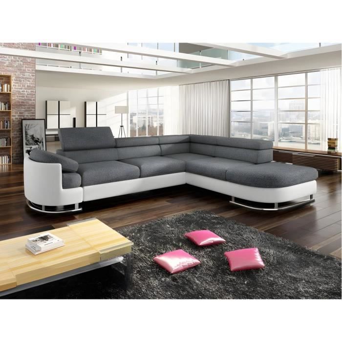 Canapé d'angle droit convertible en simili blanc et gris MYSEN II