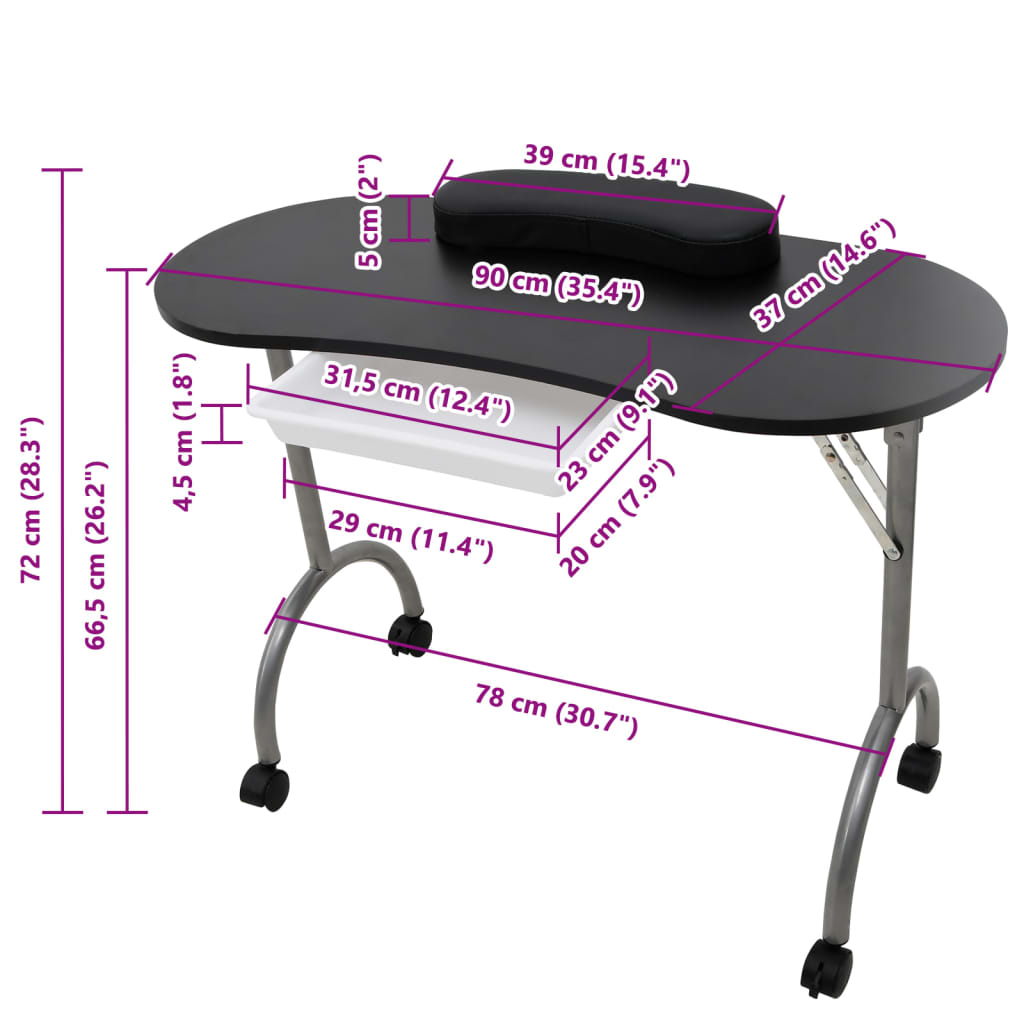 vidaXL Table à manucure pliable avec roulettes Noir